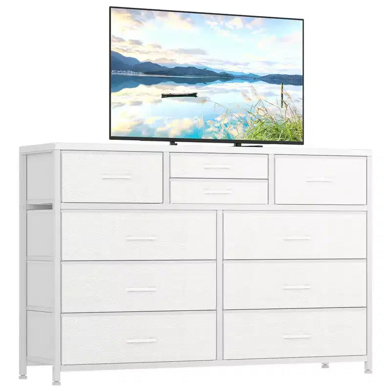 Commode en tissu à 10 tiroirs pour chambre à coucher, commode moderne de 114 cm de large avec cadre en acier et plateau en bois, grand organisateur de rangement avec bacs en tissu