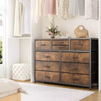Commode en tissu à 10 tiroirs pour chambre à coucher, commode moderne de 114 cm de large avec cadre en acier et plateau en bois, grand organisateur de rangement avec bacs en tissu