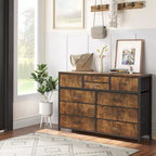 Commode en tissu à 10 tiroirs pour chambre à coucher, commode moderne de 114 cm de large avec cadre en acier et plateau en bois, grand organisateur de rangement avec bacs en tissu