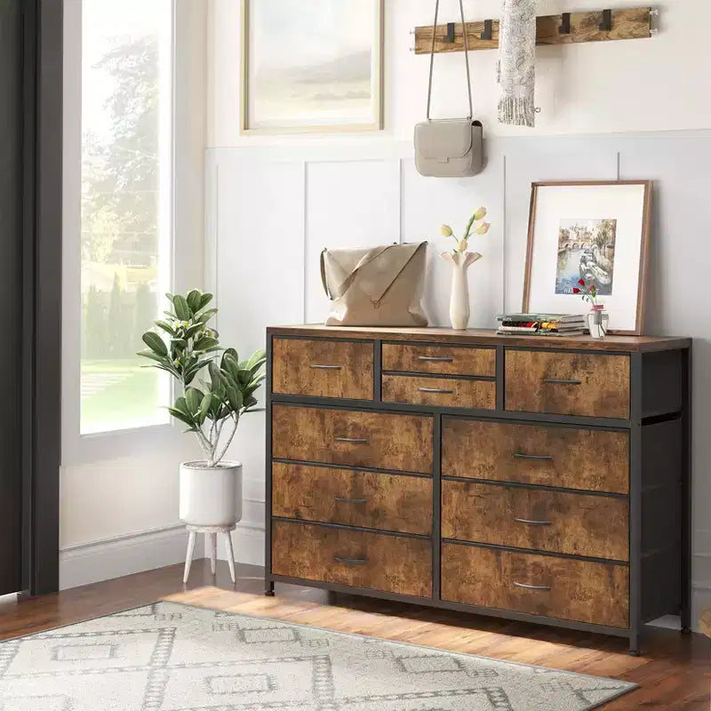 Commode en tissu à 10 tiroirs pour chambre à coucher, commode moderne de 114 cm de large avec cadre en acier et plateau en bois, grand organisateur de rangement avec bacs en tissu