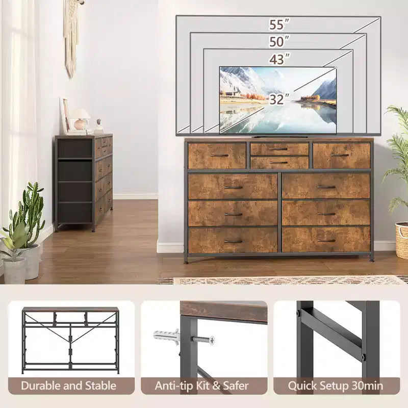 Commode en tissu à 10 tiroirs pour chambre à coucher, commode moderne de 114 cm de large avec cadre en acier et plateau en bois, grand organisateur de rangement avec bacs en tissu