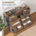 Commode en tissu à 10 tiroirs pour chambre à coucher, commode moderne de 114 cm de large avec cadre en acier et plateau en bois, grand organisateur de rangement avec bacs en tissu