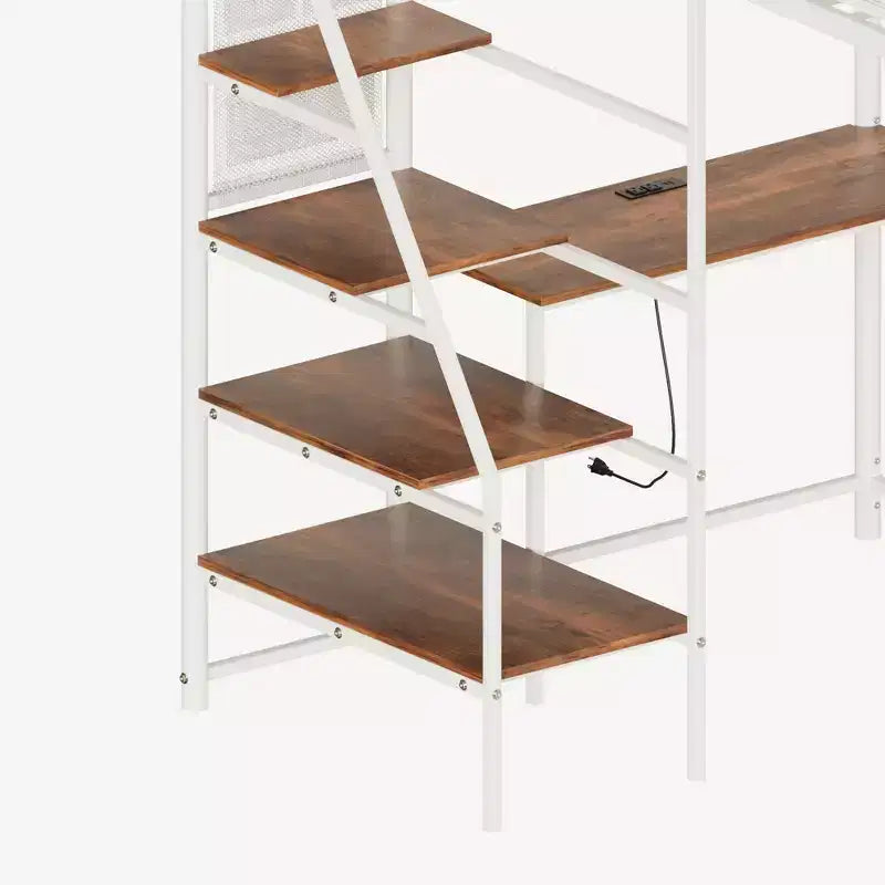 Lit mezzanine Luxystar en métal avec bureau intégré, étagères de rangement et éclairage pour chambre et dortoir,