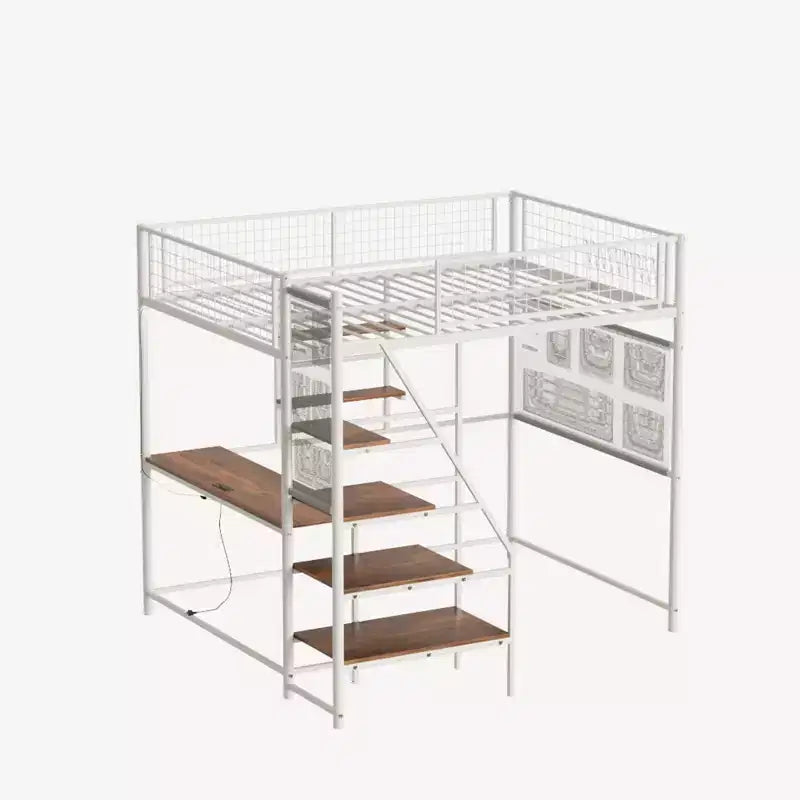 Lit mezzanine Luxystar en métal avec bureau intégré, étagères de rangement et éclairage pour chambre et dortoir,
