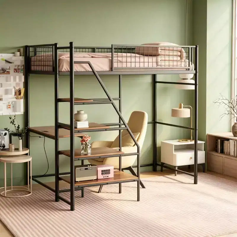 Luxystar Metal Loft Bed with built-in Desk, Storage shelves and lighting for bedroom and dorm,