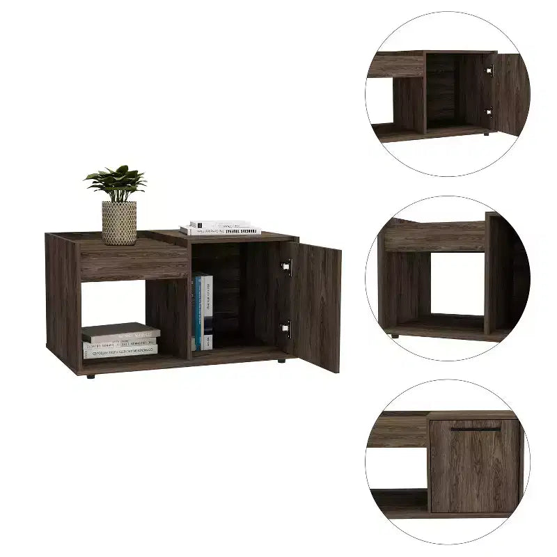 Table basse Dext, finition noyer foncé, meuble à une porte, une étagère ouverte, plateau supérieur, table de salon durable