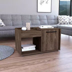 Table basse Dext, finition noyer foncé, meuble à une porte, une étagère ouverte, plateau supérieur, table de salon durable
