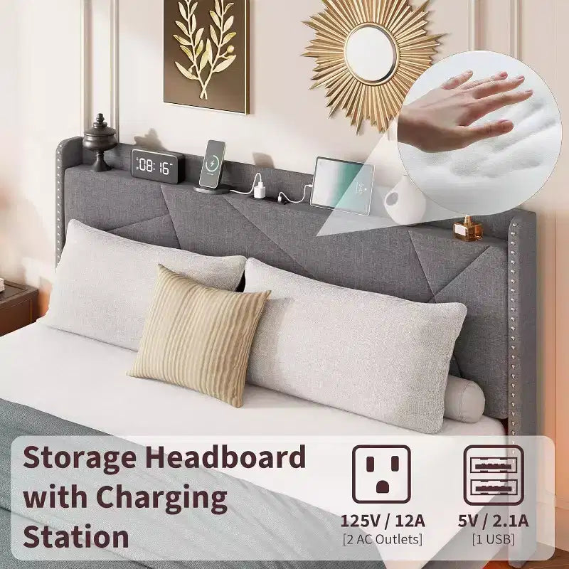 Cadre de lit plateforme flottant GustoWave rembourré avec lumières LED et station de recharge