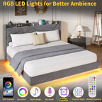 Cadre de lit plateforme flottant GustoWave rembourré avec lumières LED et station de recharge