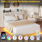 Cadre de lit plateforme flottant GustoWave rembourré avec lumières LED et station de recharge