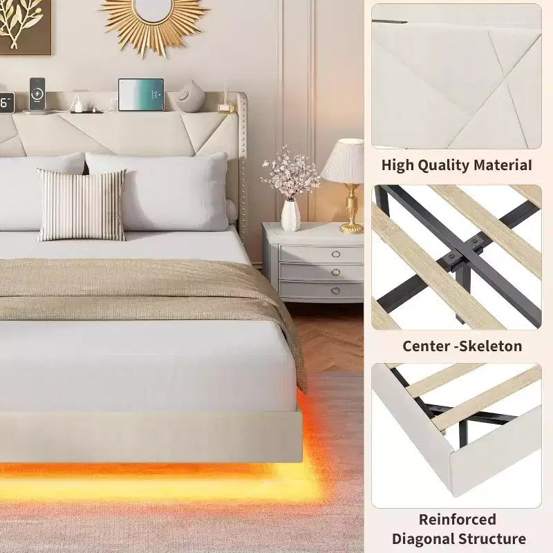 Cadre de lit plateforme flottant GustoWave rembourré avec lumières LED et station de recharge