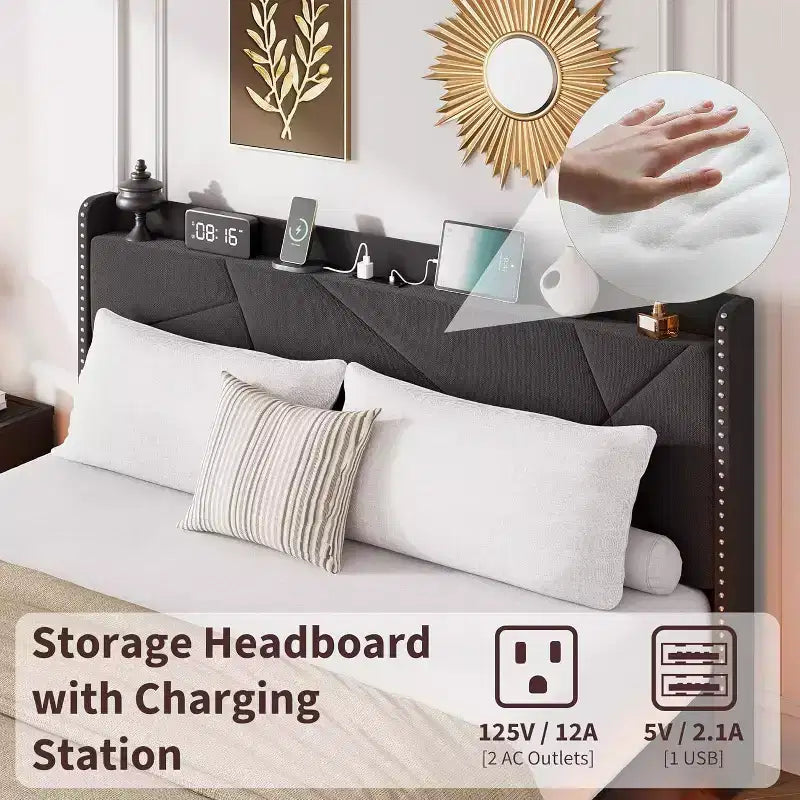 Cadre de lit plateforme flottant GustoWave rembourré avec lumières LED et station de recharge