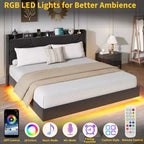 Cadre de lit plateforme flottant GustoWave rembourré avec lumières LED et station de recharge