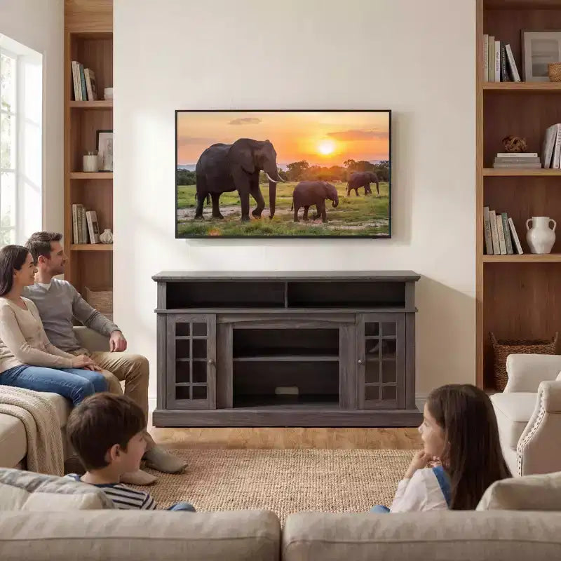 Meuble TV classique JVNOXK, console média moderne pour TV jusqu'à 65 pouces avec espaces de rangement ouverts et fermés, noyer foncé/noir