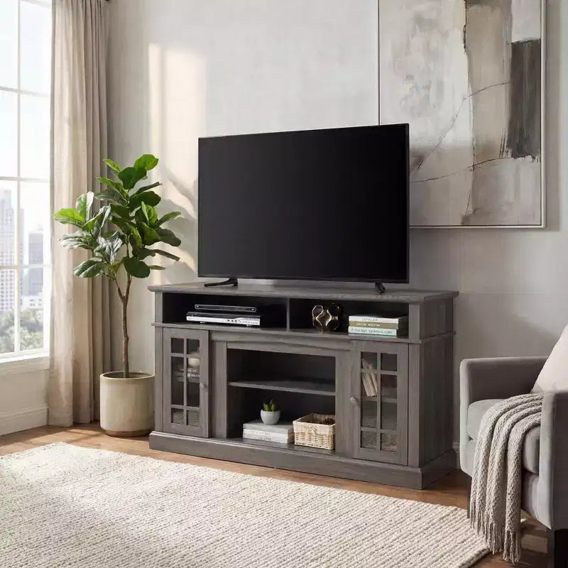 Meuble TV classique JVNOXK, console média moderne pour TV jusqu'à 65 pouces avec espaces de rangement ouverts et fermés, noyer foncé/noir