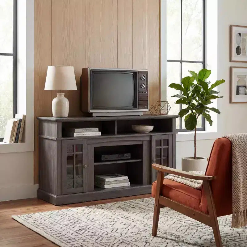 Meuble TV classique JVNOXK, console média moderne pour TV jusqu'à 65 pouces avec espaces de rangement ouverts et fermés, noyer foncé/noir