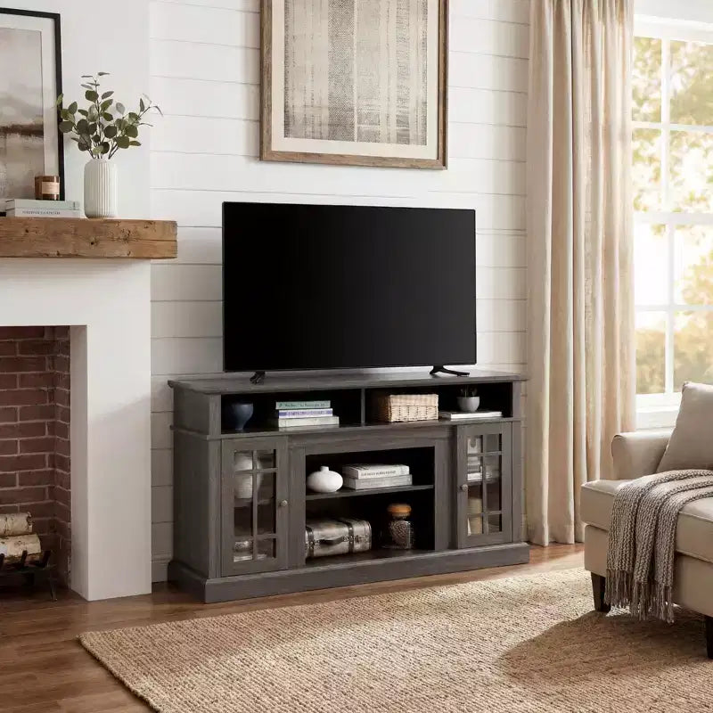 Meuble TV classique JVNOXK, console média moderne pour TV jusqu'à 65 pouces avec espaces de rangement ouverts et fermés, noyer foncé/noir