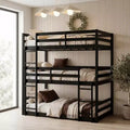 Triple Twin Bunk Bed, Solid Wood 3-Tier Bunk Bed with Dual Ladders & Guardrails