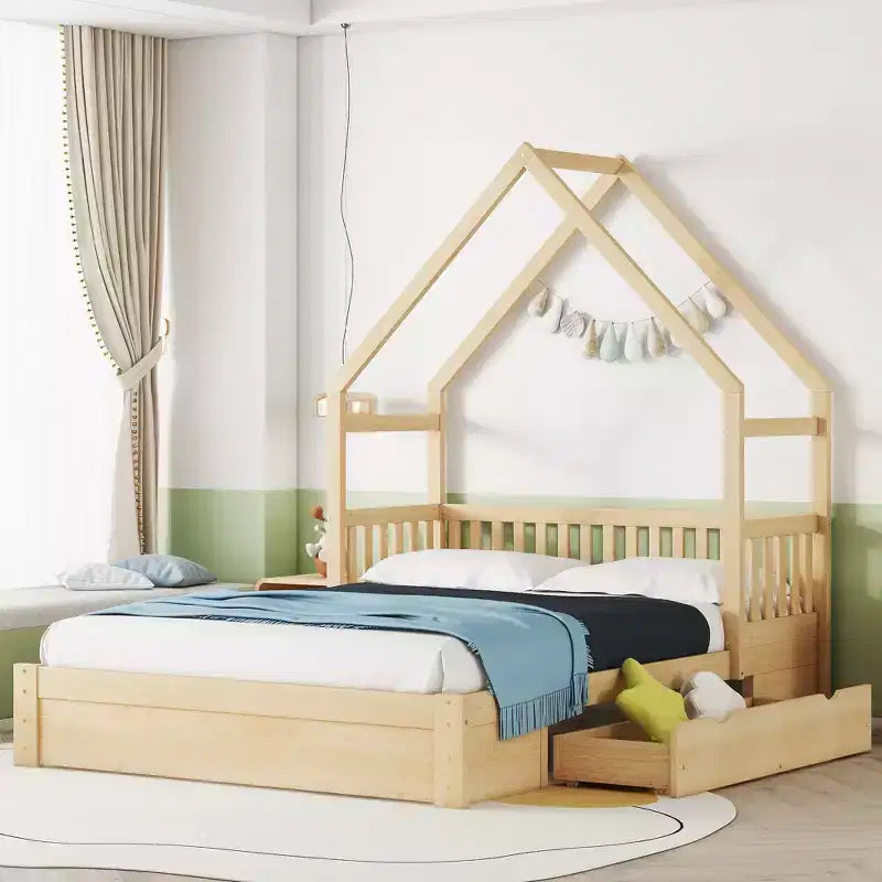 Lit en bois queen size FAMYYT?Avec garde-corps, 2 tiroirs, assemblage facile