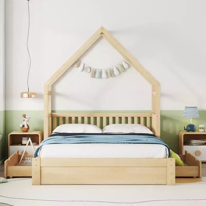 Lit en bois queen size FAMYYT?Avec garde-corps, 2 tiroirs, assemblage facile