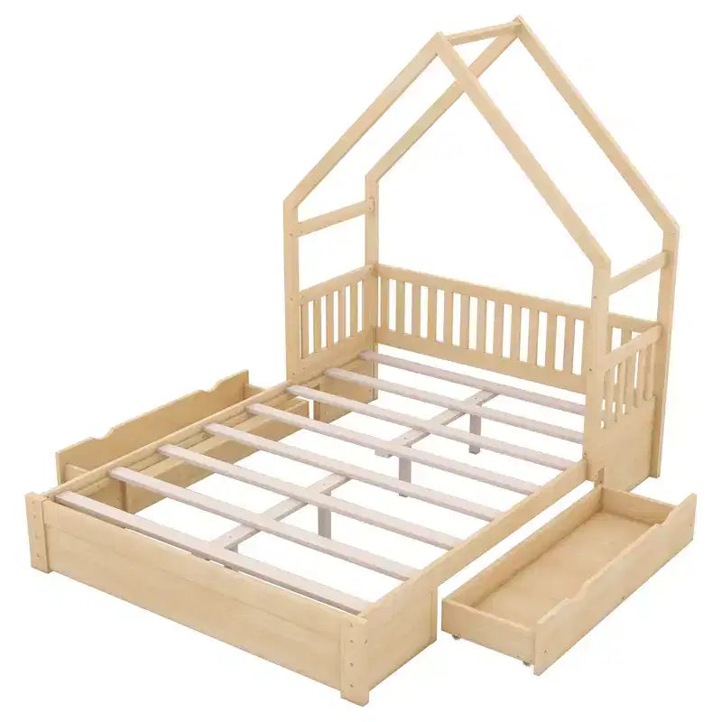 Lit en bois queen size FAMYYT?Avec garde-corps, 2 tiroirs, assemblage facile