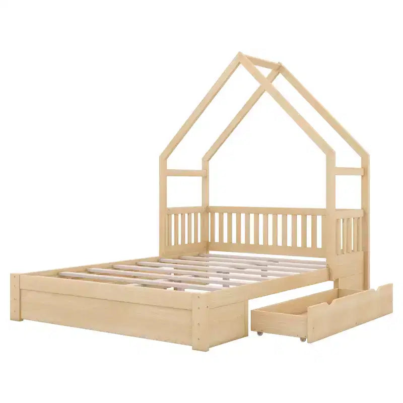 Lit en bois queen size FAMYYT?Avec garde-corps, 2 tiroirs, assemblage facile