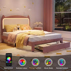 Cadre de lit, lit plateforme tête de chat avec lumières LED et tiroir de rangement, lit pour enfants avec lattes en bois sans bruit pour chambre de filles, pas besoin de sommier tapissier