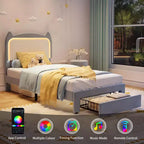 Cadre de lit, lit plateforme tête de chat avec lumières LED et tiroir de rangement, lit pour enfants avec lattes en bois sans bruit pour chambre de filles, pas besoin de sommier tapissier