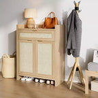 2 Pcs Shoe Storage Cabinets Organizer, Farmhouse Ratten Accent Shoe Cabinets with Adjustable Shelves for Entryway, Doorway, Hall