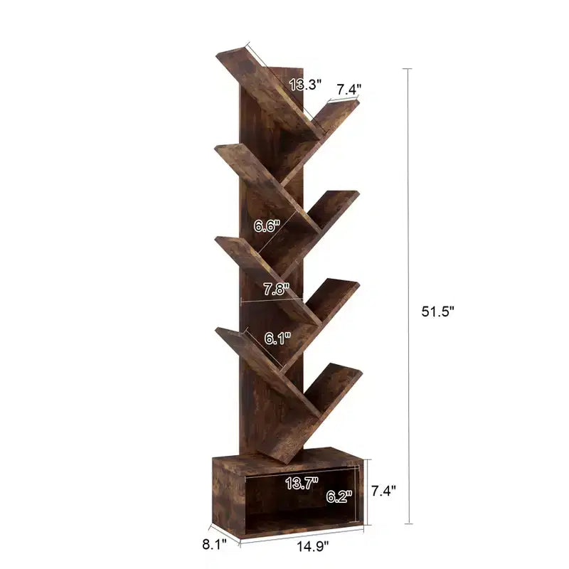 Étagère à Livres Arbre à 8 Niveaux avec Rangement, Bibliothèque sur Pied en Bois pour Espace Étroit, Étagères de Rangement pour Livres/CD/Magazines