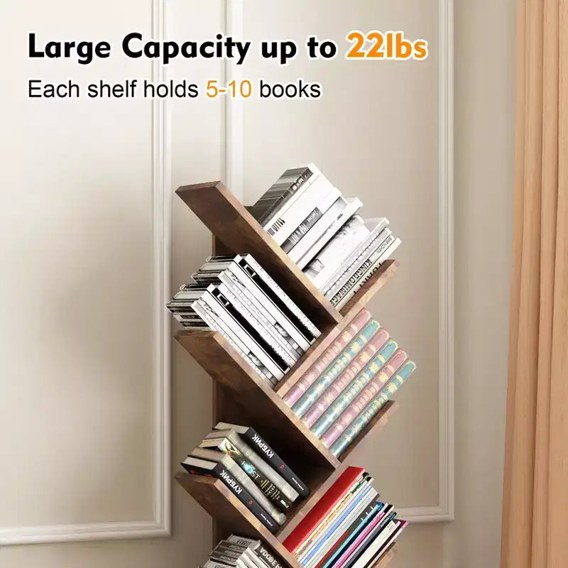 Étagère à Livres Arbre à 8 Niveaux avec Rangement, Bibliothèque sur Pied en Bois pour Espace Étroit, Étagères de Rangement pour Livres/CD/Magazines