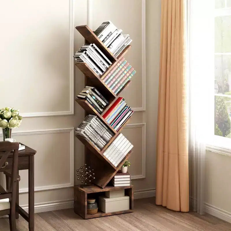 Étagère à Livres Arbre à 8 Niveaux avec Rangement, Bibliothèque sur Pied en Bois pour Espace Étroit, Étagères de Rangement pour Livres/CD/Magazines