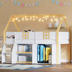 Lit mezzanine bas double/complet avec escalier-marches et étagères de rangement, cadre de lit mezzanine bas en bois style cabane avec armoires et lumières LED