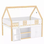 Lit mezzanine bas double/complet avec escalier-marches et étagères de rangement, cadre de lit mezzanine bas en bois style cabane avec armoires et lumières LED