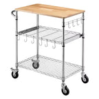 VEVOR Kitchen Utility Cart, 3 Tier Heavy Duty Adjustable Wire Storage Rack with Wood Tabletop and Handle Bar, Silver