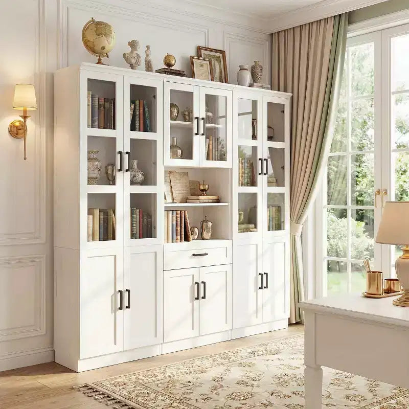 Ensemble de 3 meubles de cuisine avec portes vitrées, bibliothèque de rangement avec tiroir
