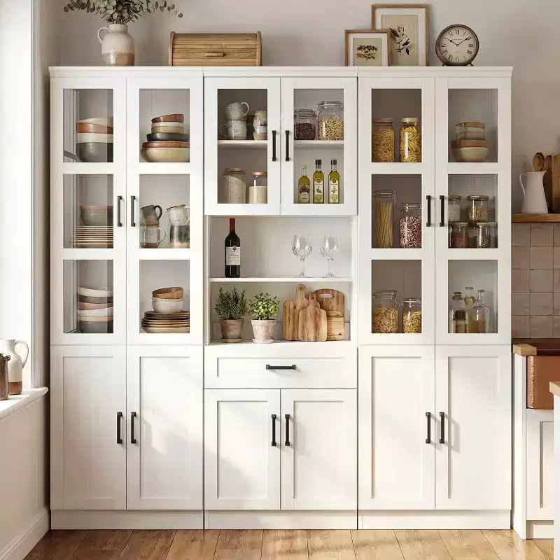 Ensemble de 3 meubles de cuisine avec portes vitrées, bibliothèque de rangement avec tiroir