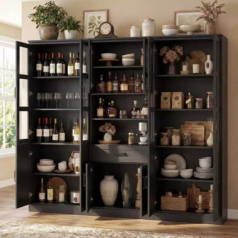 Ensemble de 3 meubles de cuisine avec portes vitrées, bibliothèque de rangement avec tiroir