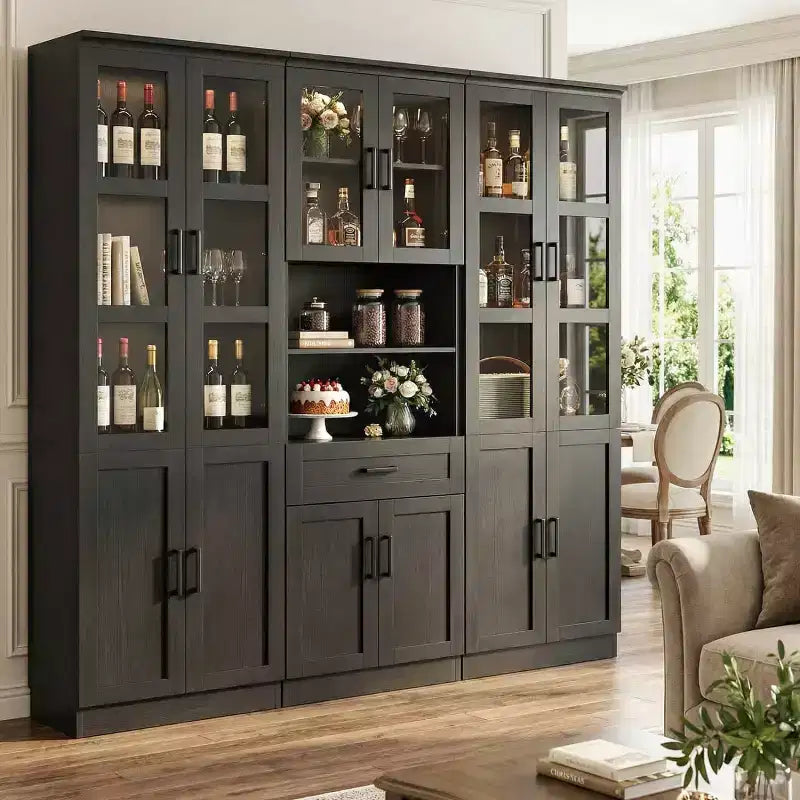 Set of 3 Kicthen Pantry Cabinet with Glass Door, Storage Display Bookcase with Drawer