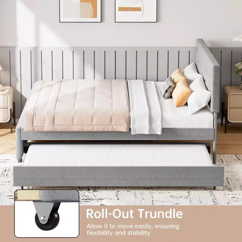 Cadre de lit Queen rembourré avec lit gigogne double, lit plateforme avec tête de lit, support à lattes en bois, capacité de charge de 360 kg