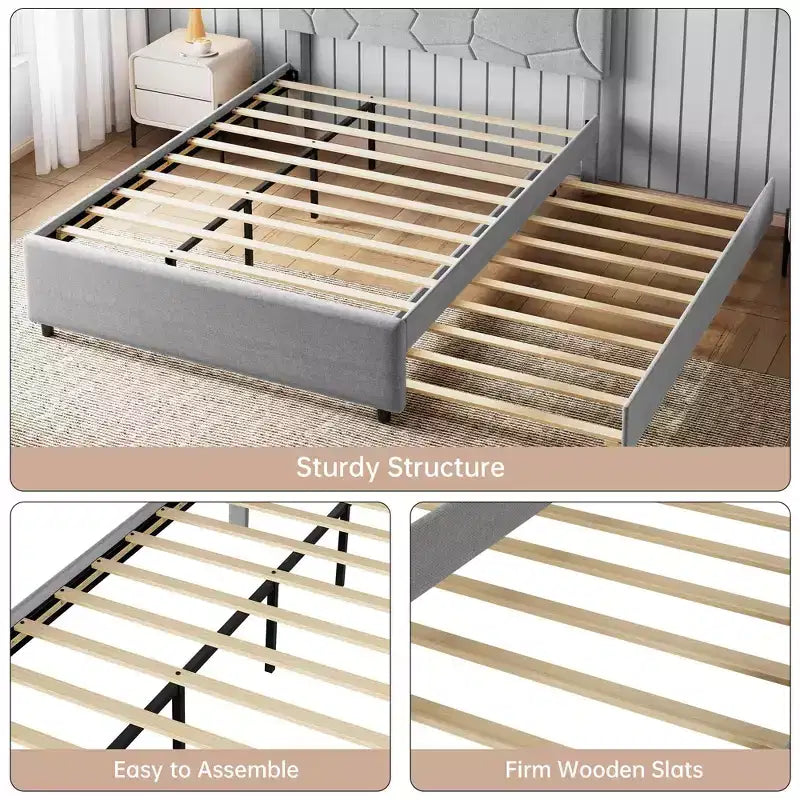 Cadre de lit Queen rembourré avec lit gigogne double, lit plateforme avec tête de lit, support à lattes en bois, capacité de charge de 360 kg