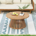 JVNOXK Acacia Wood Round Patio Coffee Table, Outdoor Wooden Accent Table with Unique Striped Base
