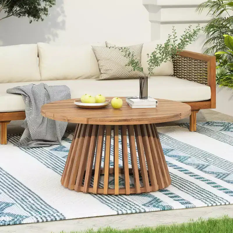 Table basse ronde de patio en bois d'acacia JVNOXK, table d'appoint extérieure en bois avec base rayée unique