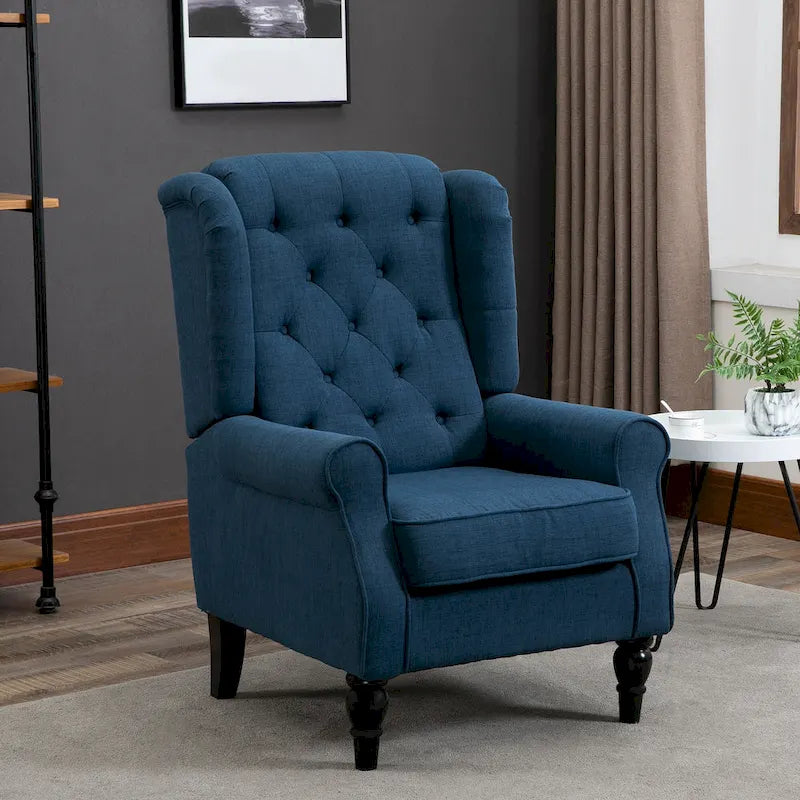 Fauteuil d'appoint capitonné avec haut dossier à oreilles, accoudoirs arrondis et rembourrés et siège épais rembourré, Bleu
