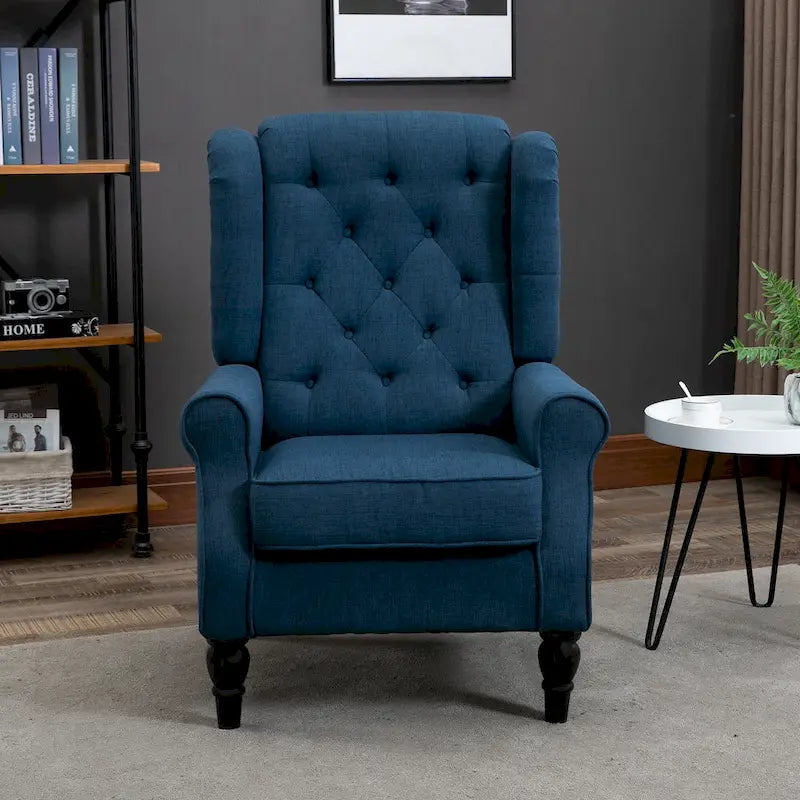 Fauteuil d'appoint capitonné avec haut dossier à oreilles, accoudoirs arrondis et rembourrés et siège épais rembourré, Bleu