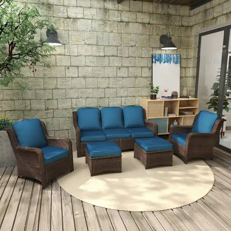 Ensemble de conversation extérieur en rotin 5 pièces avec canapé 3 places, 2 chaises et ottomans pour terrasse ou balcon