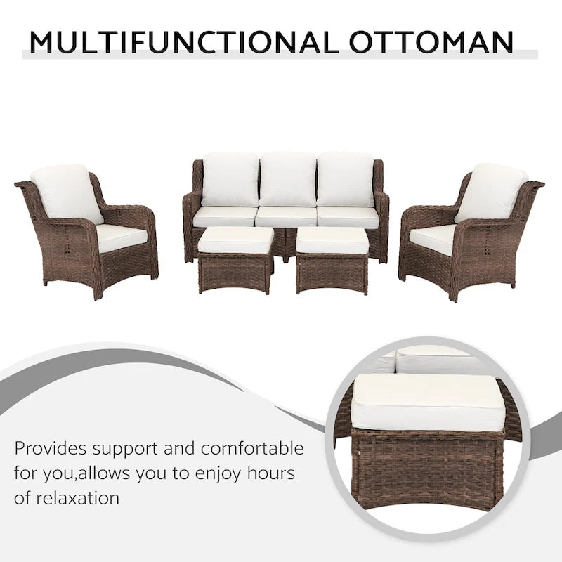 Ensemble de conversation extérieur en rotin 5 pièces avec canapé 3 places, 2 chaises et ottomans pour terrasse ou balcon