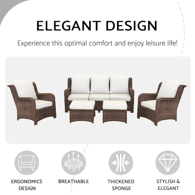 Ensemble de conversation extérieur en rotin 5 pièces avec canapé 3 places, 2 chaises et ottomans pour terrasse ou balcon