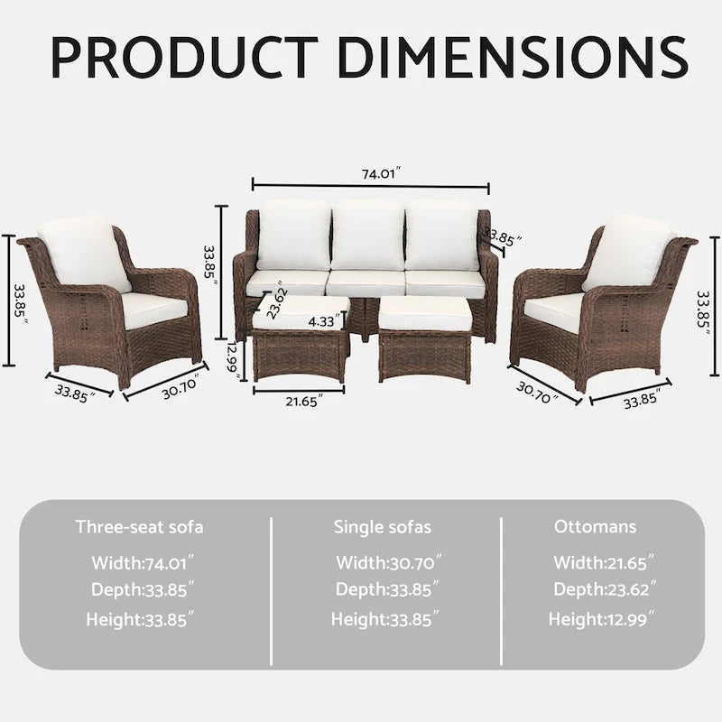 Ensemble de conversation extérieur en rotin 5 pièces avec canapé 3 places, 2 chaises et ottomans pour terrasse ou balcon