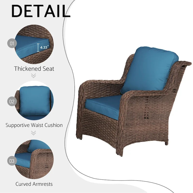 Ensemble de conversation extérieur en rotin 5 pièces avec canapé 3 places, 2 chaises et ottomans pour terrasse ou balcon